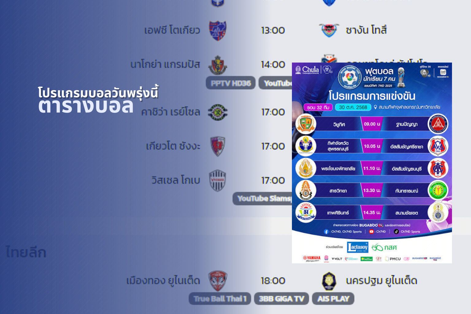 โปรแกรมบอลวันพรุ่งนี้ ตารางบอล